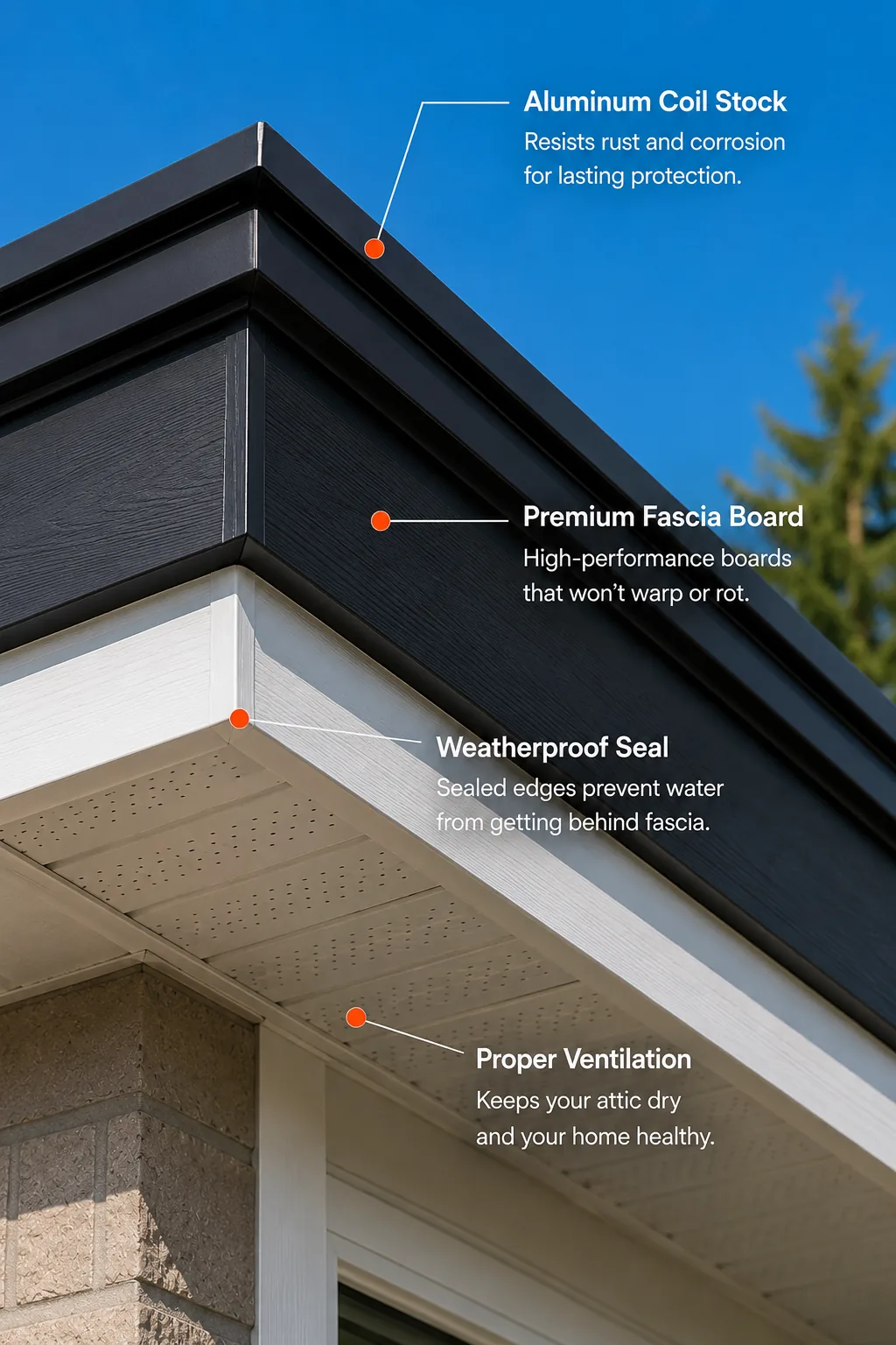 Fascia system anatomy: aluminum coil stock, premium fascia board, weatherproof seal and soffit ventilation