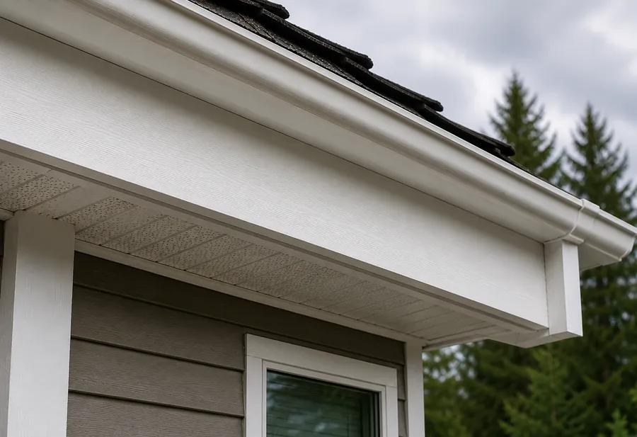 Same roofline after full fascia replacement, sealed and painted