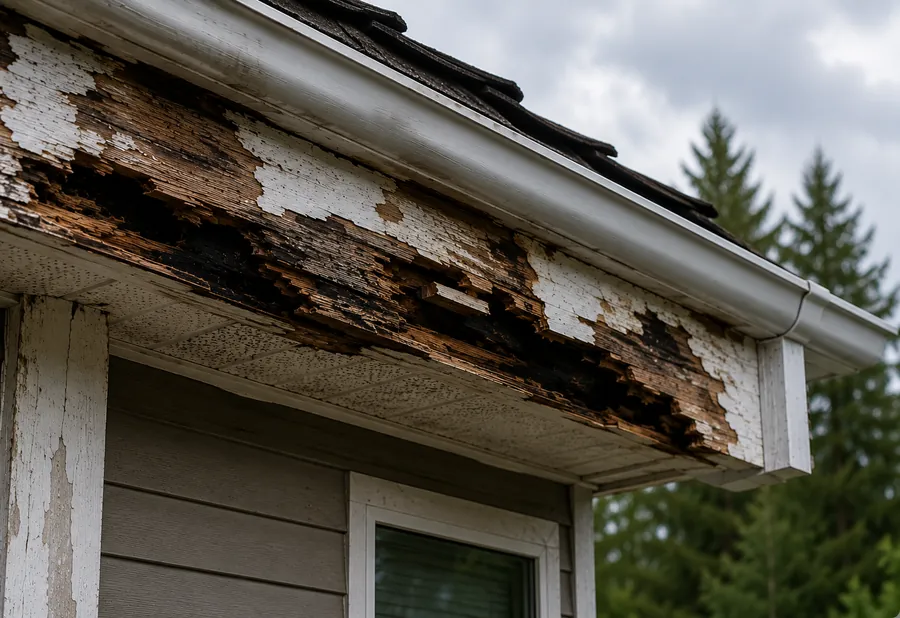 Severely rotted fascia with water damage, West Vancouver