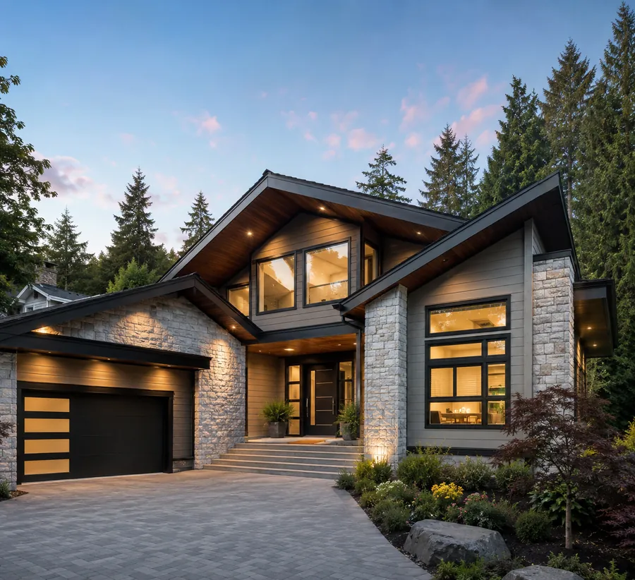 Completed fascia replacement project on West Vancouver home at dusk