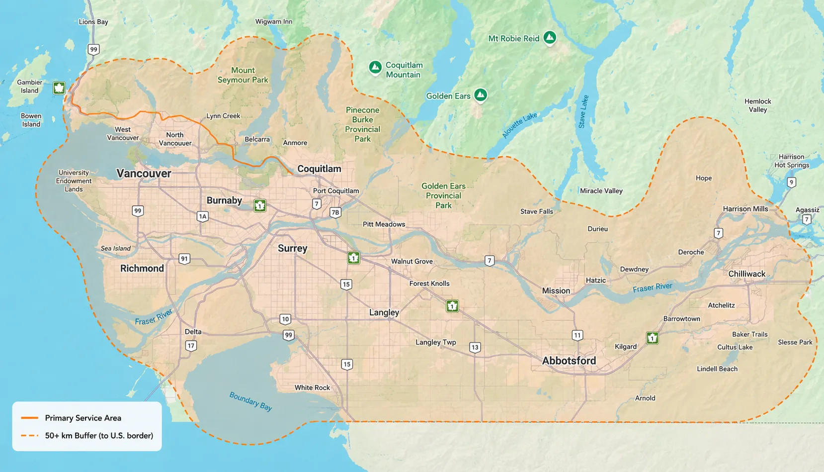 Service area map: Metro Vancouver and Fraser Valley, BC — primary zone and 50 km buffer to U.S. border