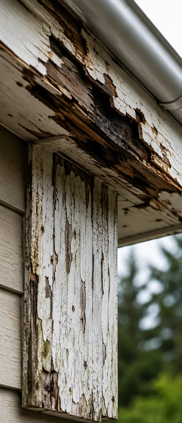 Rotted fascia board with peeling paint before replacement